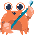 Illustrated crab smiling and holding a toothbrush
