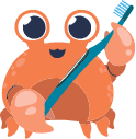 Illustrated smiling crab holding a toothbrush