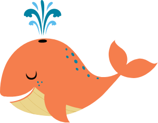 Illustrated smiling whale with spray of water coming out of its blowhole