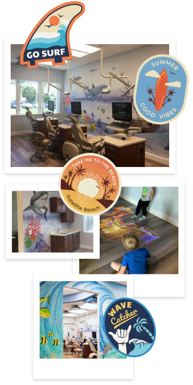 Collage of photos featuring beach themed pediatric dental office