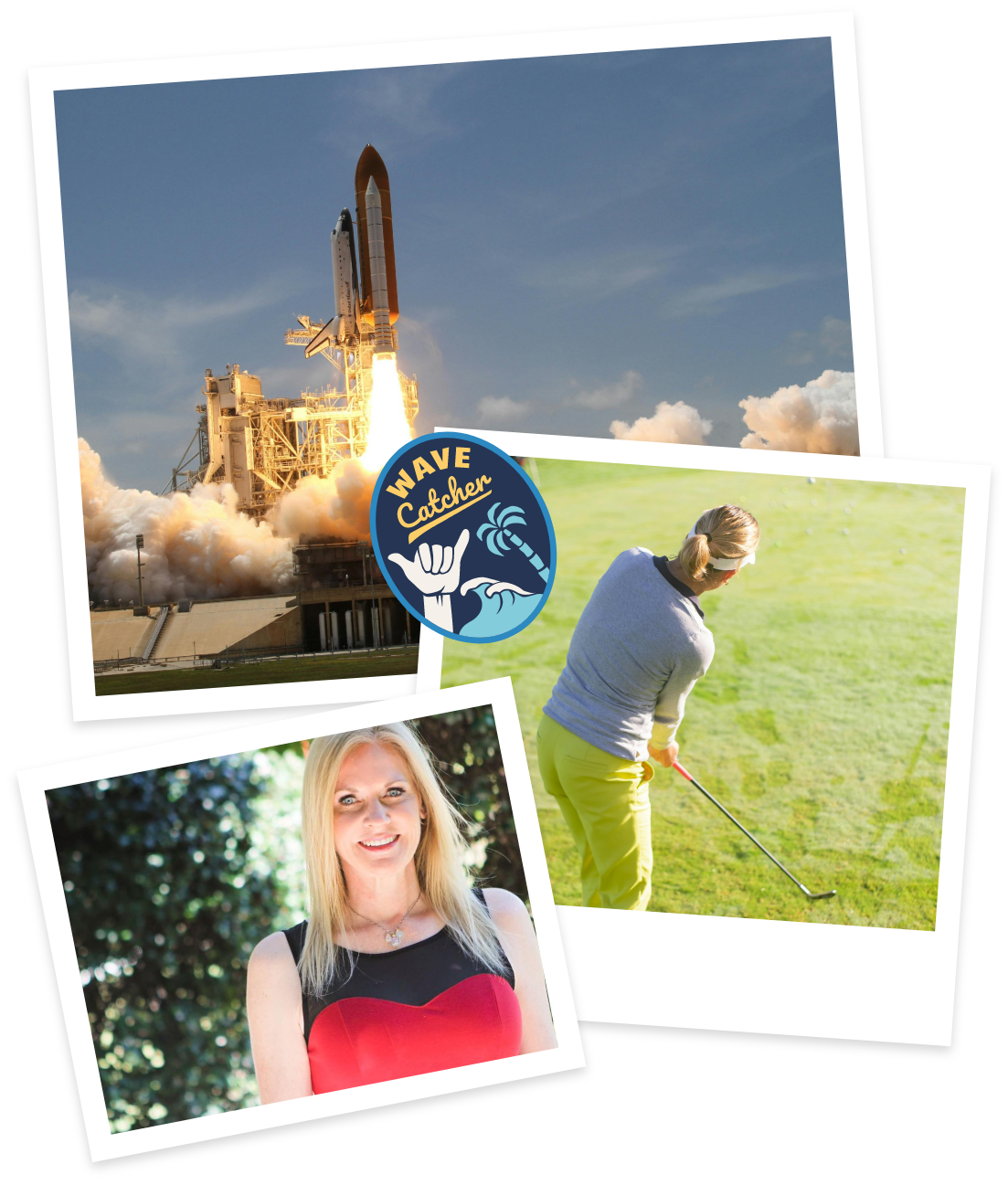 Collage featuring a rocket ship taking off and Doctor Robison golfing