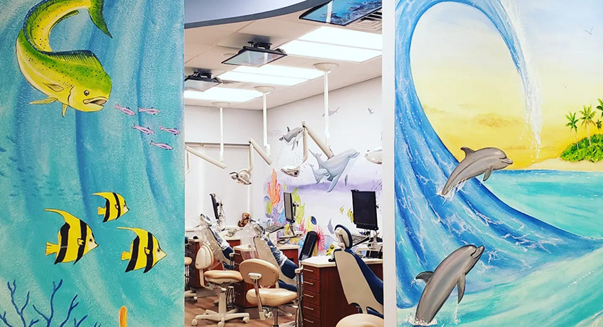 Ocean themed murals on walls